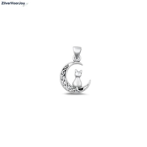 Zilveren poes in Keltische maan kettinghanger, Sieraden, Tassen en Uiterlijk, Kettinghangers, Nieuw, Verzenden