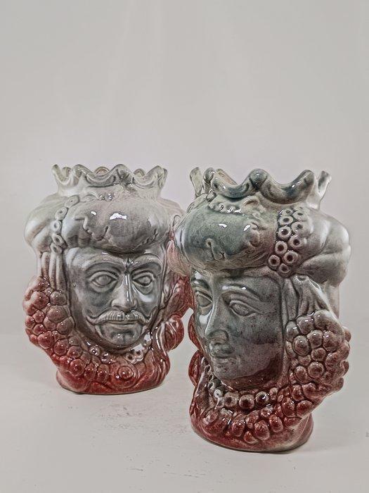 Vaas - Majolica - Setje van Moro-koppen - Caltagirone, Antiek en Kunst, Antiek | Glas en Kristal
