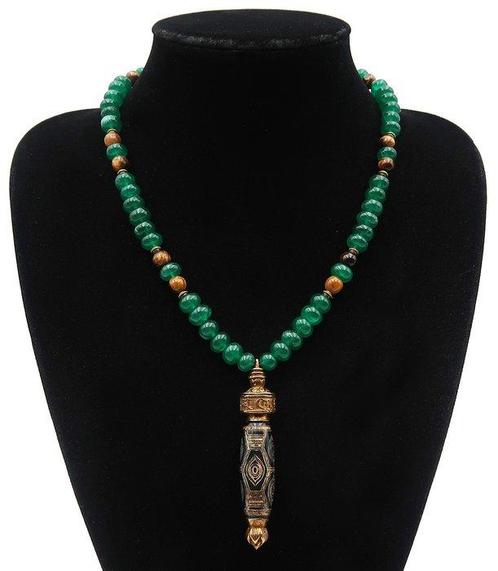 Emerald, Tijgeroog - Boeddhistische ketting - Dzi met 6 ogen, Antiek en Kunst, Antiek | Boeken en Bijbels
