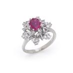 Ring 18kt witgoud robijn en diamant clusterring, Nieuw