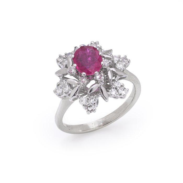 Ring 18kt witgoud robijn en diamant clusterring, Sieraden, Tassen en Uiterlijk, Ringen
