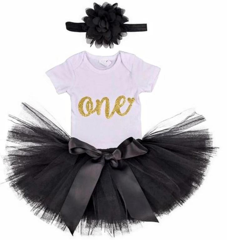 3-delig luxe 1e verjaardag setje One Black and White, Kinderen en Baby's, Babykleding | Maat 80, Jurkje of Rokje, Meisje, Nieuw