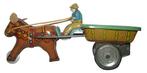 Antiguo carro de fruta con burro y conductor en hojalata