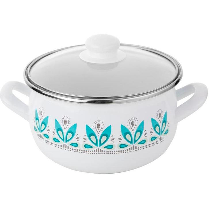 Emalia Camellia kookpan – 18 cm – 3,0 L – Wit/Groen – Retro, Huis en Inrichting, Keuken | Potten en Pannen, Ophalen of Verzenden