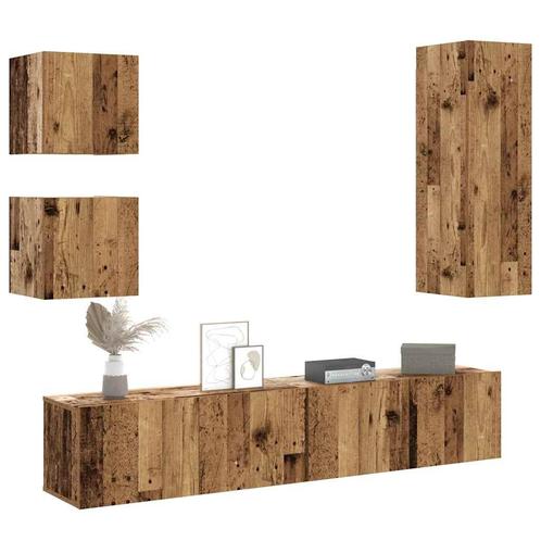 vidaXL 5-delig Tv-meubelset wandmontage bewerkt hout oud, Huis en Inrichting, Kasten | Televisiemeubels, Nieuw, Overige houtsoorten