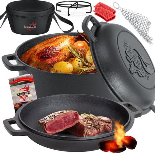 KESSER® Dutch Oven Gietijzeren Pan 1,8L en Pot 4,8L - Zwart, Witgoed en Apparatuur, Eierkokers, Nieuw, Verzenden