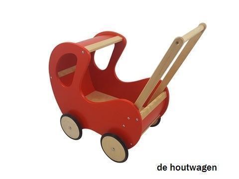 grote houten poppenwagen met kap in de kleur roze of rood, Kinderen en Baby's, Speelgoed | Houten speelgoed, Rij- of Hobbelspeelgoed