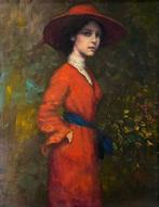 Italiaanse school (XX) - Ritratto di donna con vestito rosso