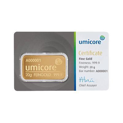 20 gram goudbaar Umicore (met certificaat) - Goudzaken, Postzegels en Munten, Edelmetalen en Baren, Goud