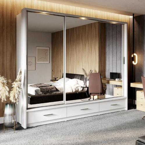 Arti Schuifdeurkast met Lades en Spiegel B250 x H215 - Wit, Huis en Inrichting, Kasten | Kledingkasten, 50 tot 75 cm, Met hangruimte