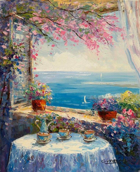 Christof Vevers (1962) - Riviera en Fleurs - Petit-déjeuner, Antiek en Kunst, Kunst | Schilderijen | Klassiek