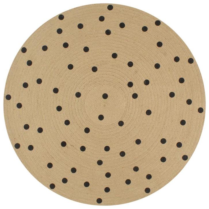 vidaXL Vloerkleed handgemaakt met print polkadot 150 cm jute, Huis en Inrichting, Stoffering | Tapijten en Kleden, Zwart, Nieuw