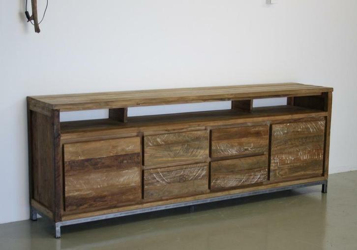 Robuust industrieel tv meubel 220cm breed; Indoteak, Huis en Inrichting, Kasten | Televisiemeubels, 25 tot 50 cm, Nieuw, Teakhout