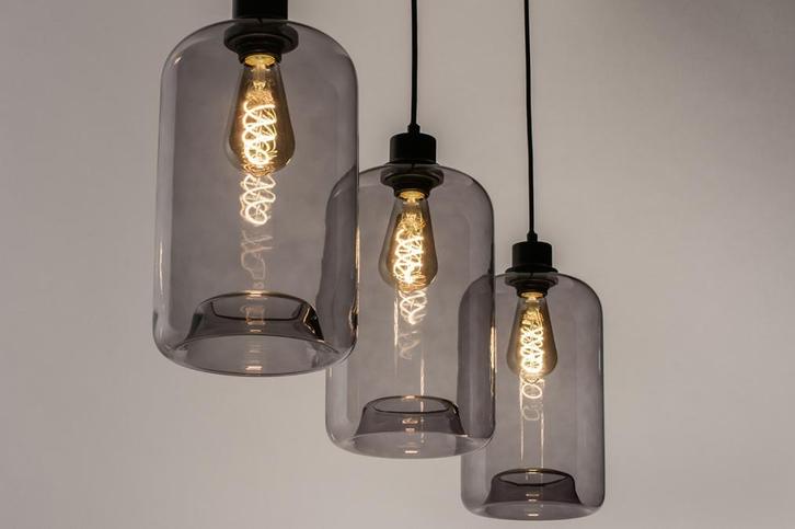 Rietveld Hanglampen - Zwart, Grijs - Glas, Metaal, Huis en Inrichting, Lampen | Hanglampen, Verzenden