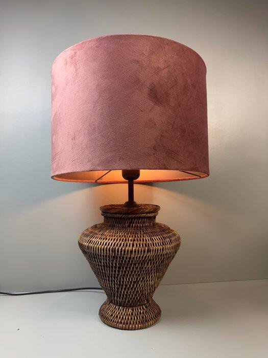 Lamp - Prachtige Vintage Birma Rieten Tafellamp met Fluweel, Antiek en Kunst, Curiosa en Brocante