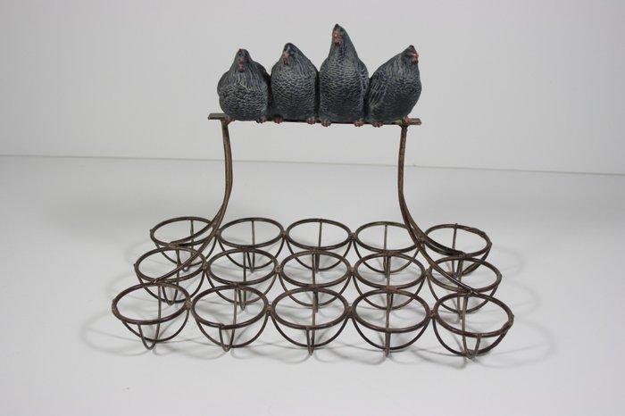Eierhouder set - Kippen op stok - IJzer, Resin, Antiek en Kunst, Kunst | Designobjecten