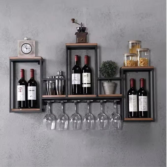 Wand Wijnrek Hout en Metaal – Vintage Wijnrek met Glashouder, Huis en Inrichting, Woonaccessoires | Wijnrekken, Nieuw, Verzenden