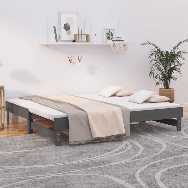 vidaXL Slaapbank uitschuifbaar massief grenenhout grijs, Huis en Inrichting, Slaapkamer | Bedden, 90 cm, 190 cm of minder, Grijs