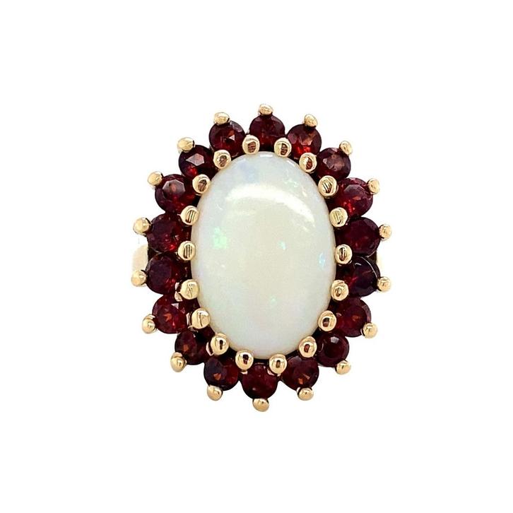 Gouden entourage ring met opaal en granaat 14 krt, Sieraden, Tassen en Uiterlijk, Ringen, Nieuw, Ophalen of Verzenden