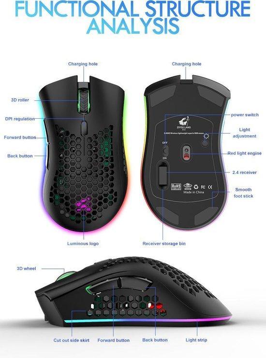 2dekans | ZIYOU LANG X3 Draadloze Gaming Muis - RGB, Computers en Software, Muizen, Zo goed als nieuw, Ophalen of Verzenden