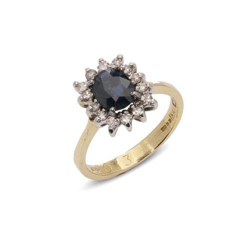 Ring Vintage 18kt gouden blauwe saffier en diamanten cluster, Sieraden, Tassen en Uiterlijk, Antieke sieraden