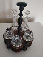 Olie-en-azijnstelletje - Houten dienblad - 2 flessen olie en, Antiek en Kunst, Antiek | Glas en Kristal