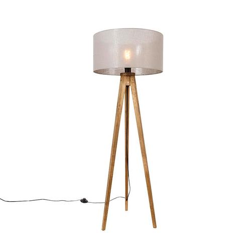 Landelijke tripod vintage hout met kap taupe 50 cm - Tripod, Huis en Inrichting, Lampen | Vloerlampen, Nieuw, Overige materialen