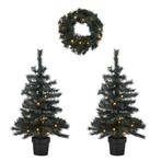 2 verlichte kerstbomen en krans Fraser (h95 x Ø55 cm)