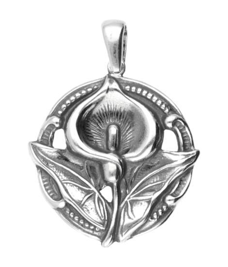 Zilveren Calla bloem rond Art Nouveau Jugendstil hanger, Sieraden, Tassen en Uiterlijk, Kettinghangers, Verzenden