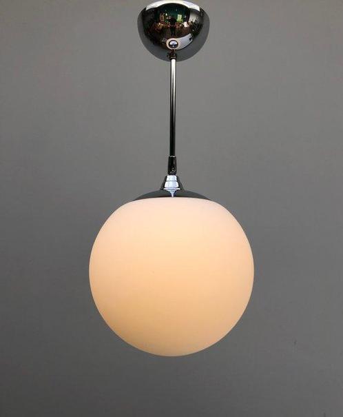 Plafondlamp - Glas, Verchroomd - Schoollamp, Antiek en Kunst, Antiek | Lampen