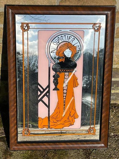 After Alphonse Mucha - Tafelspiegel - Glas, Hout - Vintage, Antiek en Kunst, Curiosa en Brocante
