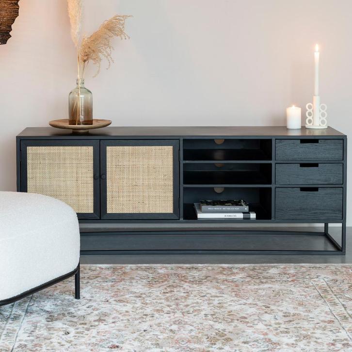 *WOONWINKEL* Japandi Tv-meubel Zwart Met Rotan, Huis en Inrichting, Kasten | Televisiemeubels, Nieuw, Verzenden
