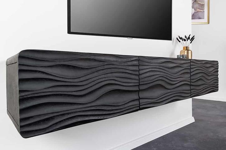 Design TV-meubel WAVE 160cm zwart mango massief hout - 43477, Huis en Inrichting, Kasten | Televisiemeubels, Ophalen of Verzenden
