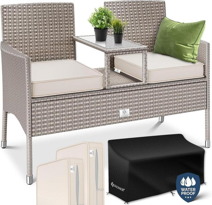 Tuinbank - Weerbestendig - Polyrattan - Inc. Kussens - Grijs, Tuin en Terras, Picknicktafels, Zo goed als nieuw, Verzenden