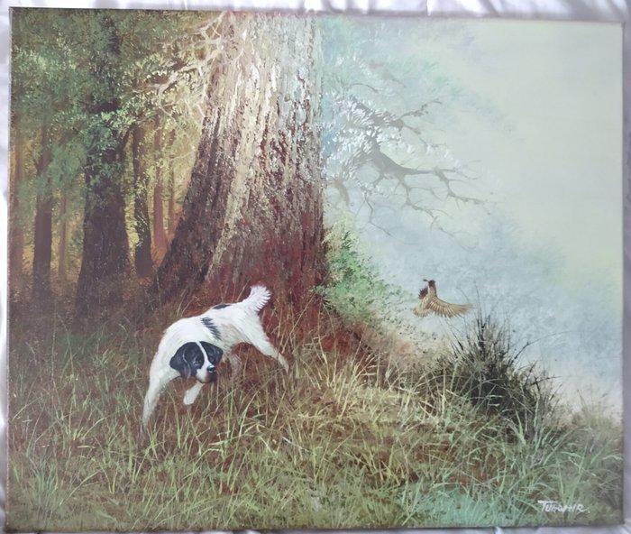 Europese school (XX) - Boszicht met hond en opvliegende, Antiek en Kunst, Kunst | Schilderijen | Klassiek