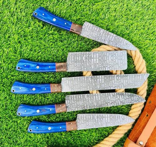 Gold Deer - 5 Piece professional knives set - Hammered Steel, Antiek en Kunst, Antiek | Keukenbenodigdheden