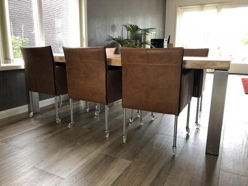Set van 6 leren kuip eetkamerstoelen - met wieltjes - bruin, Huis en Inrichting, Stoelen, Overige kleuren, Nieuw, Leer, Ophalen of Verzenden