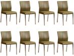 Set van 8 Olijfgroene leren moderne eetkamerstoelen - poot v, Huis en Inrichting, Overige kleuren, Nieuw, Leer, Ophalen of Verzenden