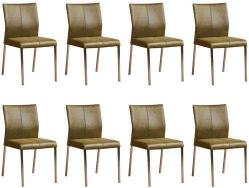 Set van 8 Olijfgroene leren moderne eetkamerstoelen - poot v, Huis en Inrichting, Stoelen, Vijf, Zes of meer stoelen, Overige kleuren