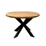 Ronde teak tafel metalen kruispoot op voorraad; Indoteak, Huis en Inrichting, Nieuw, Ophalen of Verzenden, Modern, Vier personen