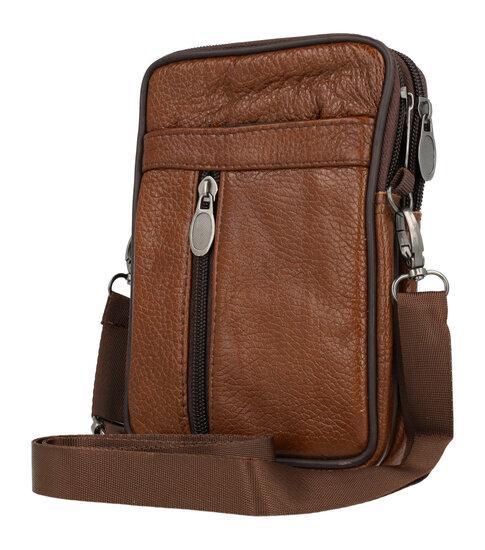Telefoontas Dubbele Rits Leder Cognac Bruin, Sieraden, Tassen en Uiterlijk, Tassen | Schoudertassen, Verzenden