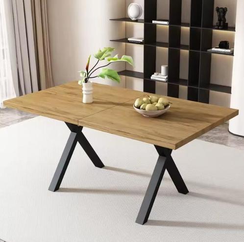 Eettafel met Kruispoten – Eikenlook en Zwart Metaal, Huis en Inrichting, Tafels | Eettafels, Nieuw, Verzenden
