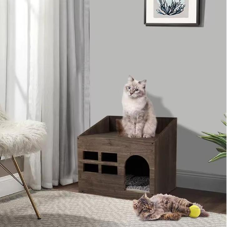 Houten Kattenhuis met Grot – Vintage Kattenbed met Kussen, Dieren en Toebehoren, Kattenmanden, Nieuw, Verzenden