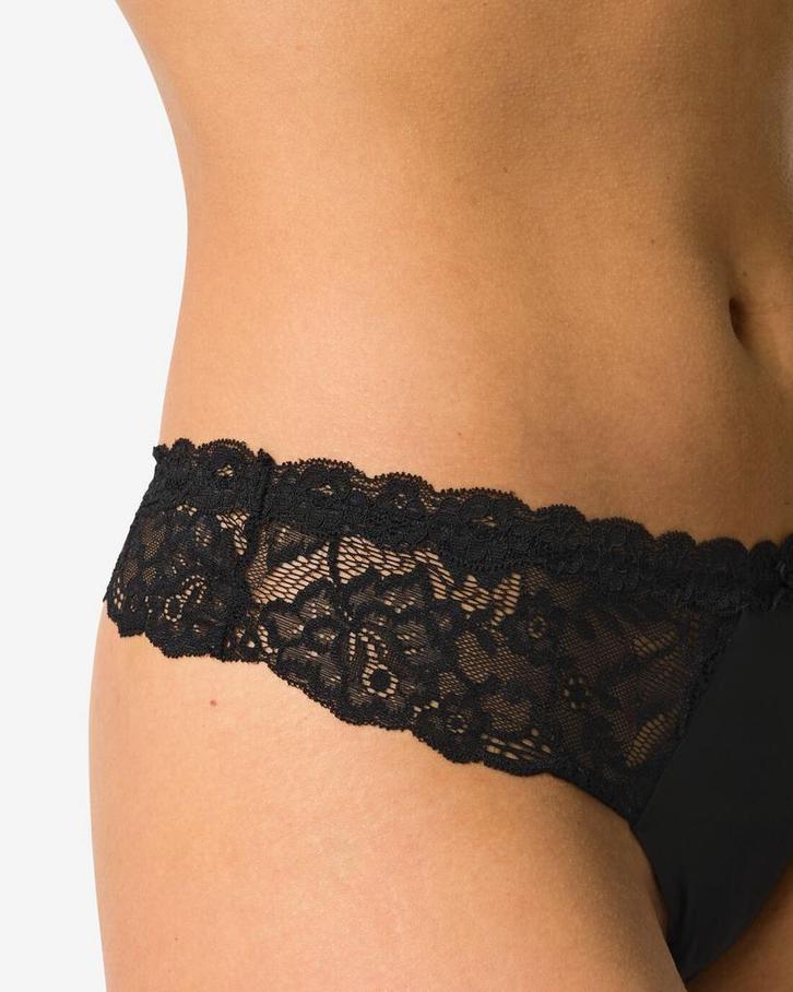 HEMA Damesstring micro met kant zwart 3+1 gratis, Kleding | Dames, Ondergoed en Lingerie, Verzenden