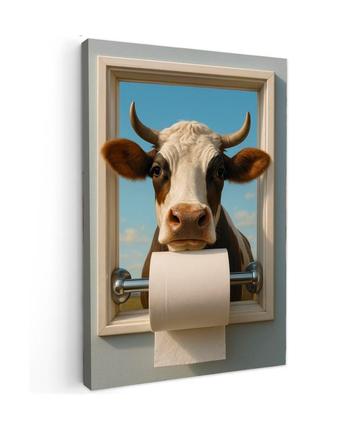 Canvas schilderij - koe met wc papier beschikbaar voor biedingen