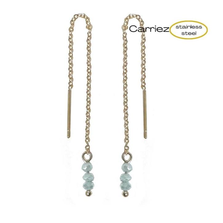 Gouden doorhaal oorbellen met 3 blauwe steentjes stainless s, Sieraden, Tassen en Uiterlijk, Oorbellen, Nieuw, Verzenden