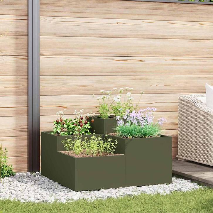vidaXL Tuin Bloempot Olijfgroen 80 x 80 x 48 cm Staal, Tuin en Terras, Bloembakken en Plantenbakken, 60 tot 100 cm, Nieuw, Metaal