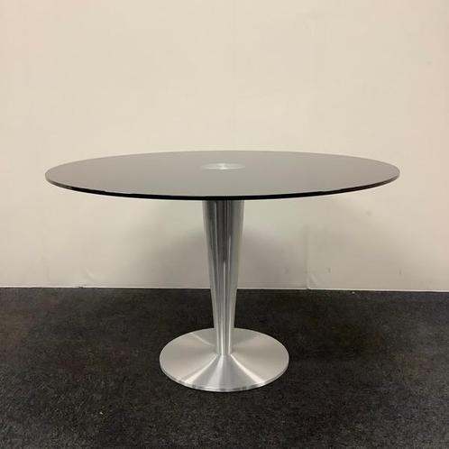 Tweedehands design ronde glazen tafel doorsnede 120 cm,, Huis en Inrichting, Tafelonderdelen, Gebruikt, Ophalen of Verzenden