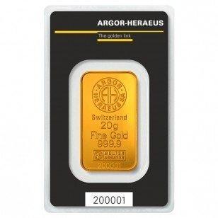 20 gram - Goud - 20 Grams .9999 Fine Gold Bar Argor Heraeus, Postzegels en Munten, Edelmetalen en Baren