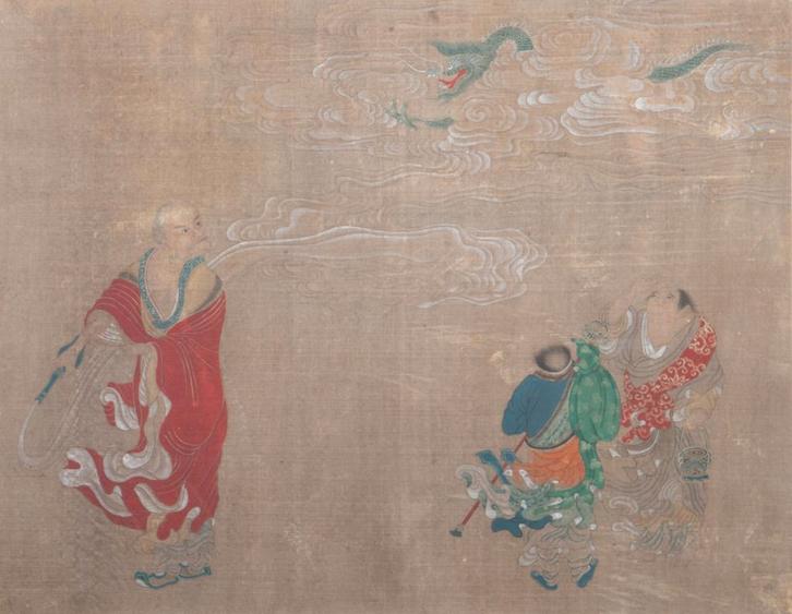 Japanse school Drie figuren kijkend naar een draak ca. 1850, Antiek en Kunst, Kunst | Niet-Westerse kunst